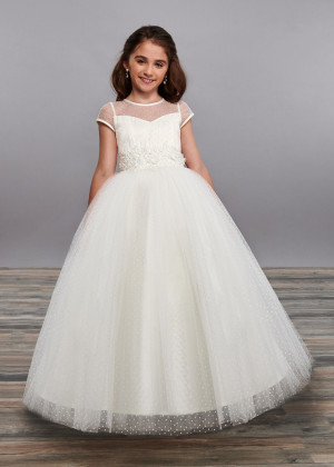 Ivory Dotted Tulle Lace Keyhole Back Sweet Flower Girl Dress